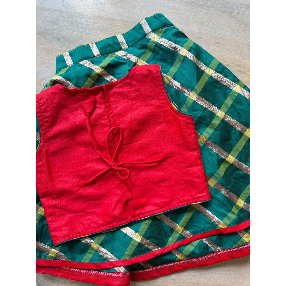 Girls Pavadai Paithani Embroidered Vest & Green Plaid Skirt Set Holiday‎ SZ 24M